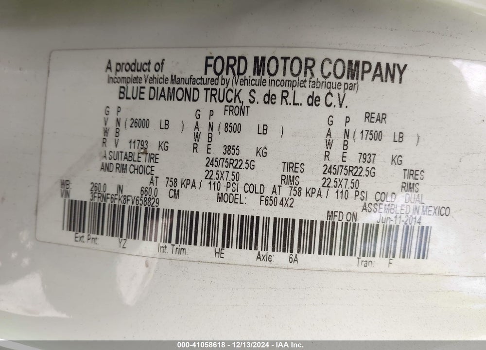 2015 FORD F-650 XL/XLT VIN: 3FRNF6FK8FV658829