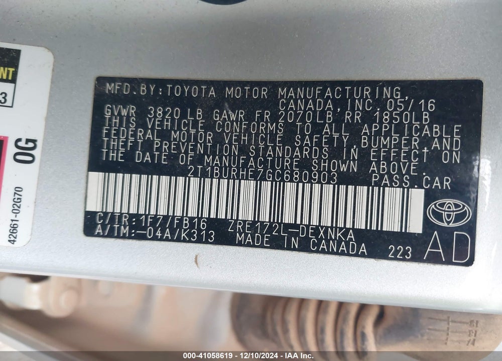 2016 TOYOTA COROLLA LE VIN: 2T1BURHE7GC680903