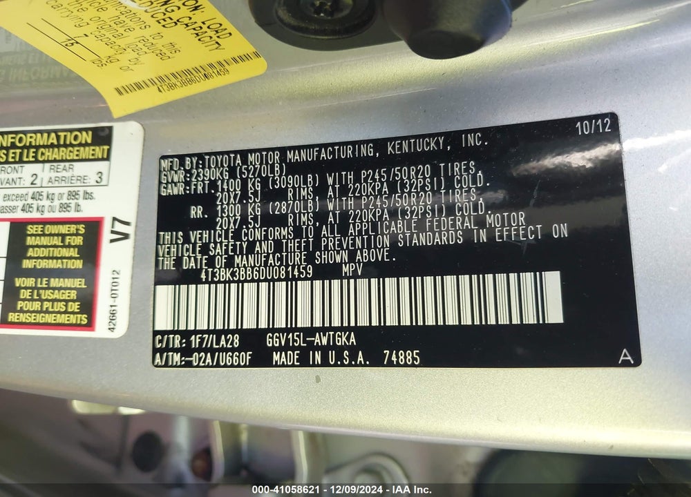 2013 TOYOTA VENZA VIN: 4T3BK3BB6DU081459
