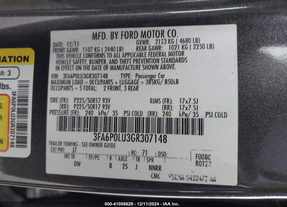 2016 FORD FUSION HYBRID VIN: 3FA6P0LU3GR307148