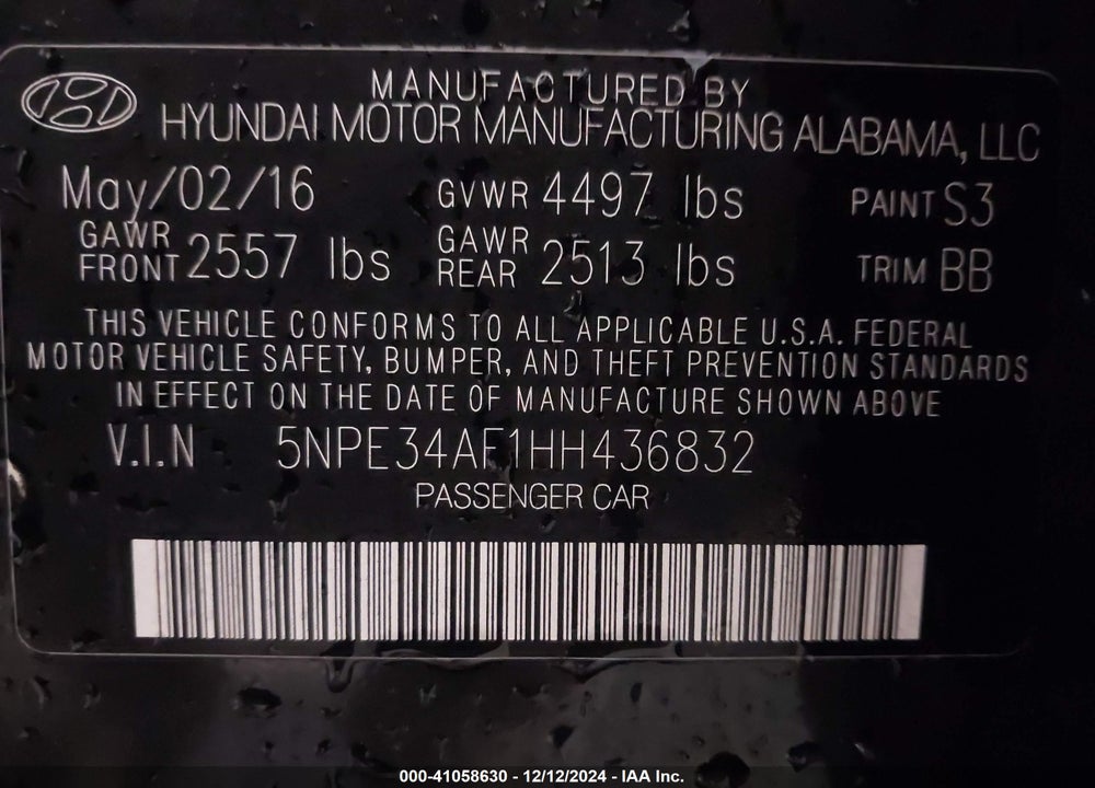 2017 HYUNDAI SONATA LIMITED VIN: 5NPE34AF1HH436832