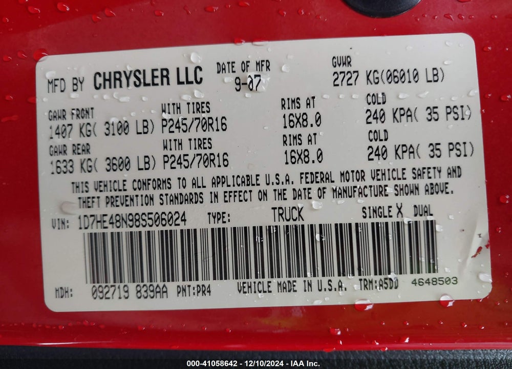 2008 DODGE DAKOTA SLT VIN: 1D7HE48N98S506024