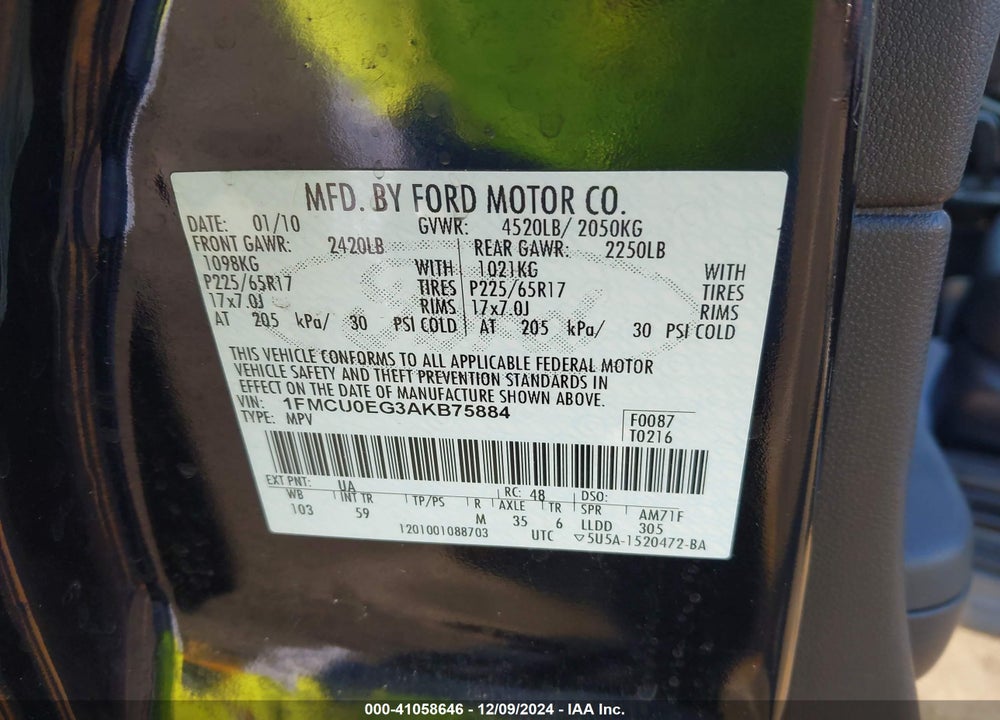2010 FORD ESCAPE LIMITED VIN: 1FMCU0EG3AKB75884