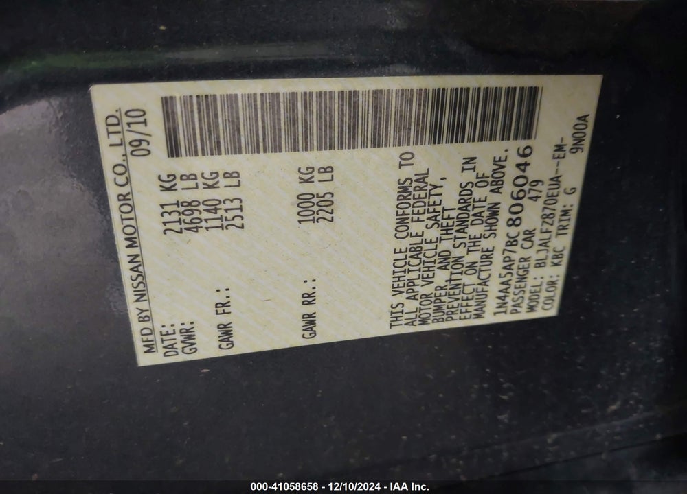 2011 NISSAN MAXIMA 3.5 SV VIN: 1N4AA5AP7BC806046
