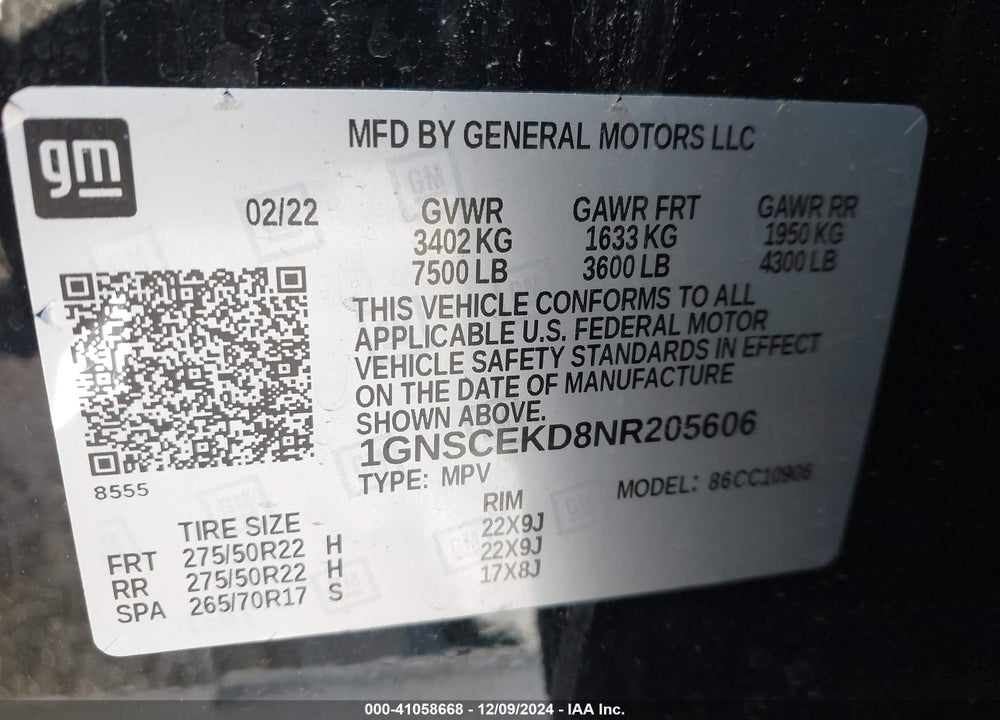 2022 CHEVROLET SUBURBAN 2WD RST VIN: 1GNSCEKD8NR205606