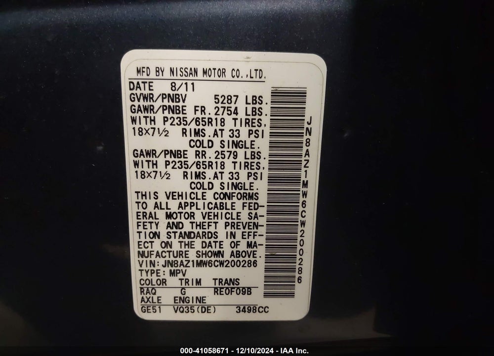 2012 NISSAN MURANO SL VIN: JN8AZ1MW6CW200286