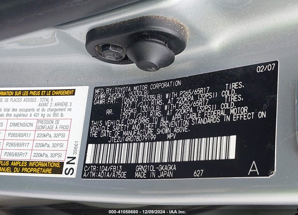 2007 TOYOTA 4RUNNER SPORT V6 VIN: JTEZU14R078079199