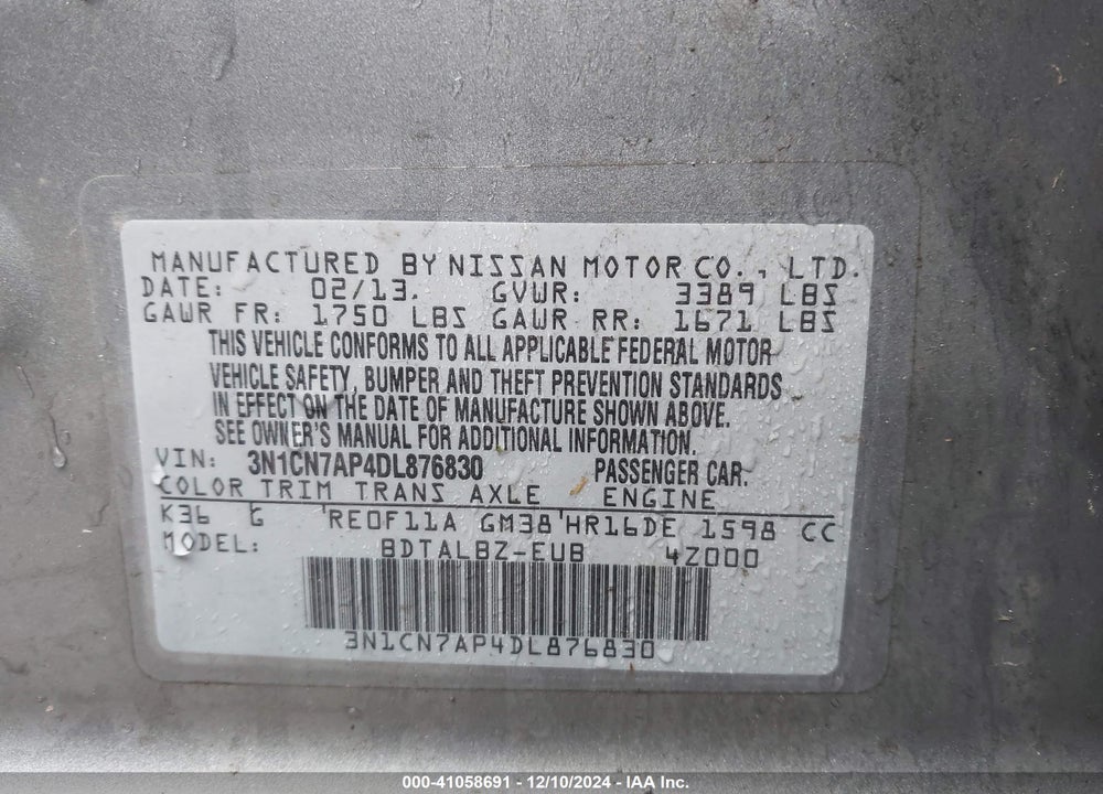 2013 NISSAN VERSA 1.6 SV VIN: 3N1CN7AP4DL876830