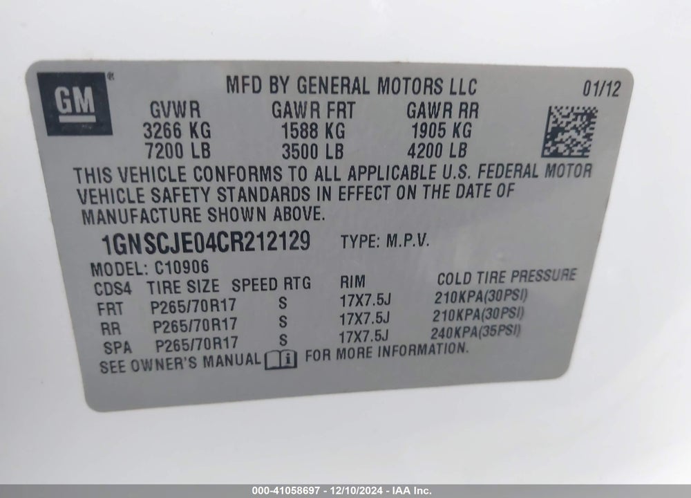 2012 CHEVROLET SUBURBAN 1500 LT VIN: 1GNSCJE04CR212129
