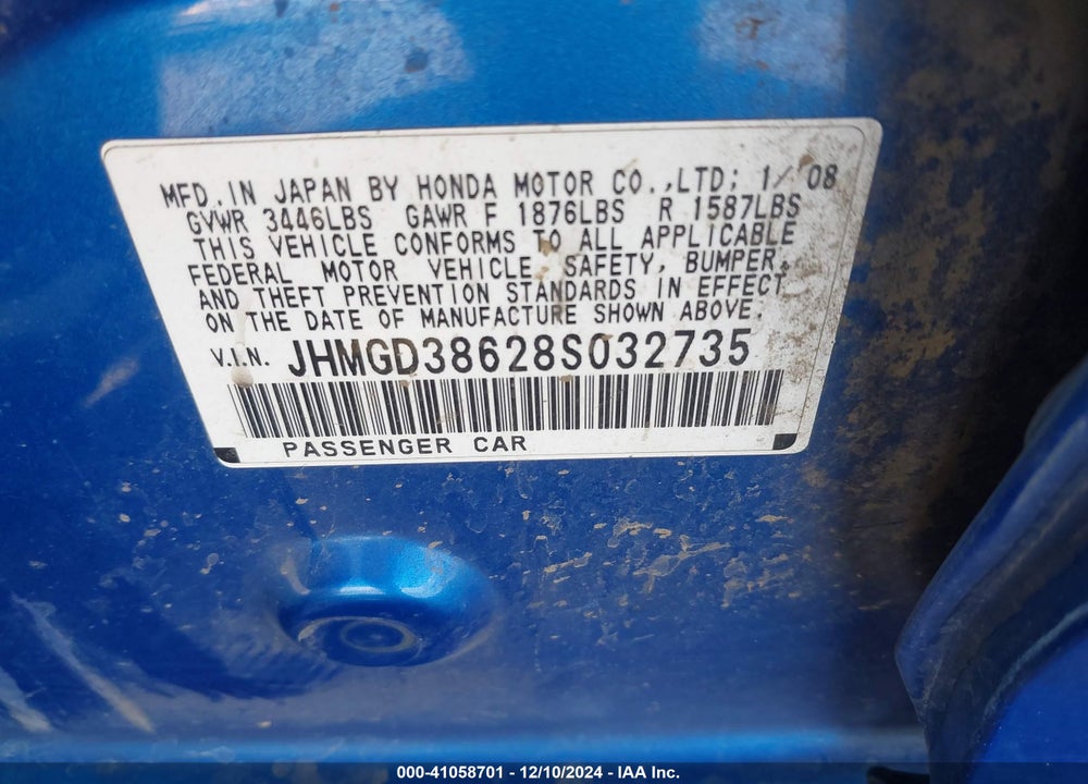 2008 HONDA FIT SPORT VIN: JHMGD38628S032735