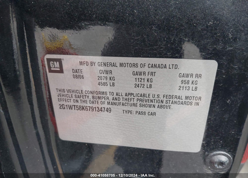 2007 CHEVROLET IMPALA LT VIN: 2G1WT58K679134749