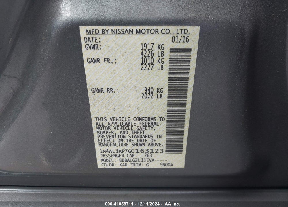 2016 NISSAN ALTIMA 2.5 S VIN: 1N4AL3AP7GC163123