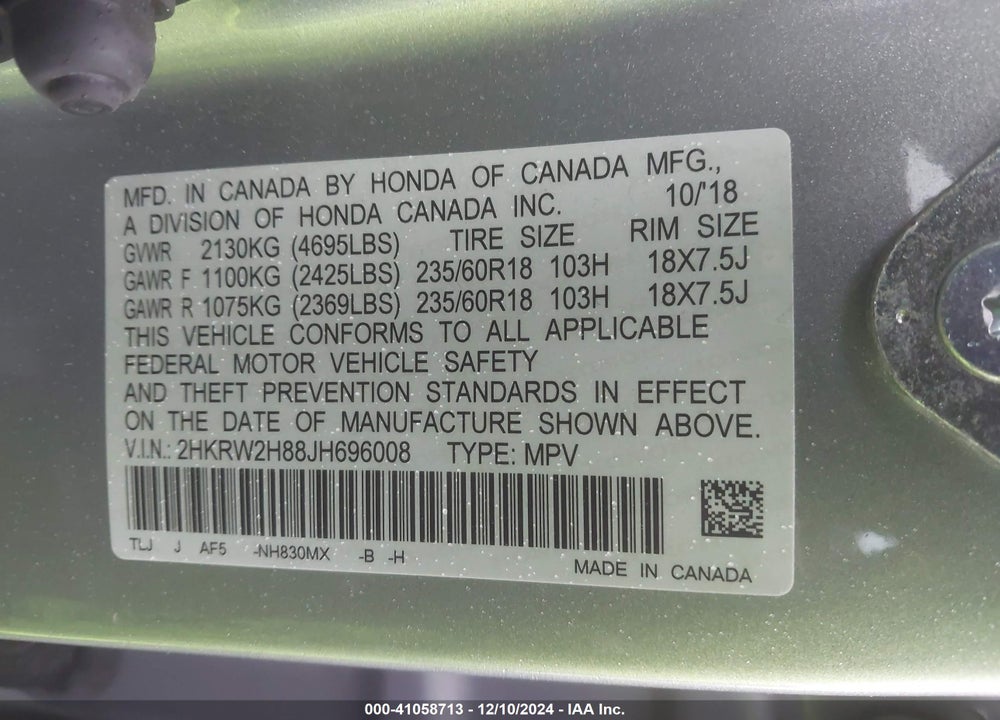 2018 HONDA CR-V EX-L/EX-L NAVI VIN: 2HKRW2H88JH696008