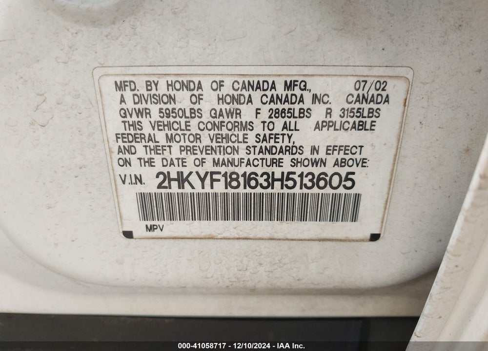 2003 HONDA PILOT LX VIN: 2HKYF18163H513605