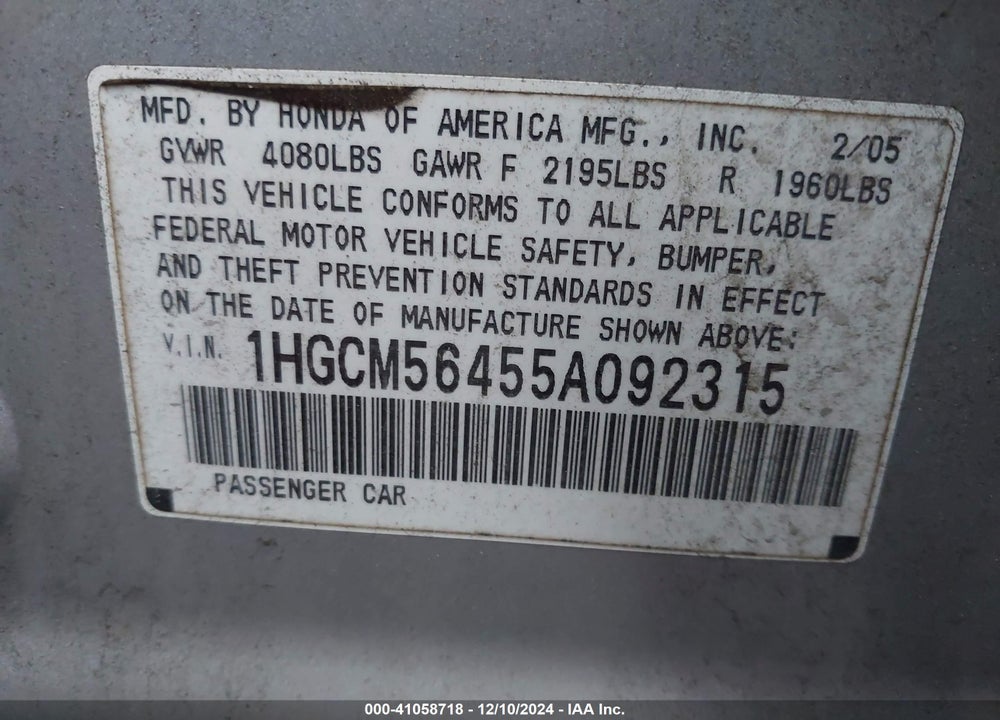 2005 HONDA ACCORD 2.4 LX VIN: 1HGCM56455A092315