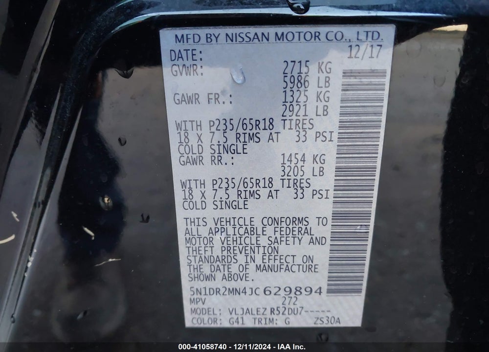 2018 NISSAN PATHFINDER SV VIN: 5N1DR2MN4JC629894