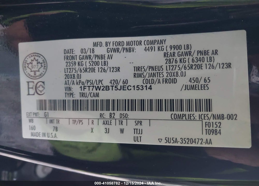 2018 FORD F-250 PLATINUM VIN: 1FT7W2BT5JEC15314