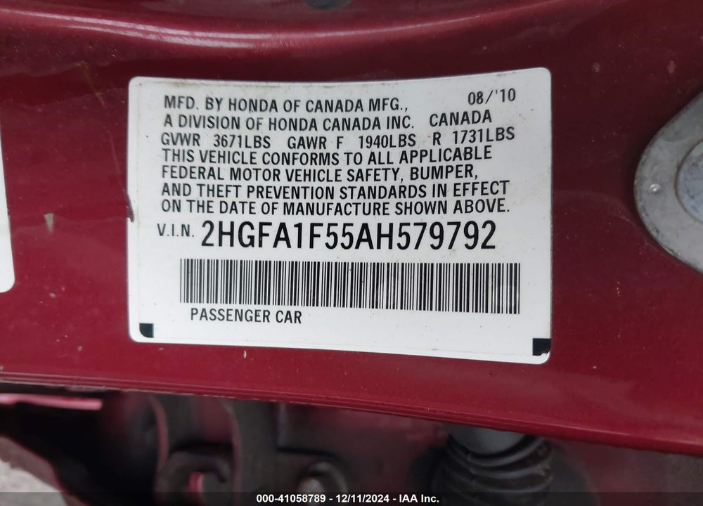 2010 HONDA CIVIC LX VIN: 2HGFA1F55AH579792