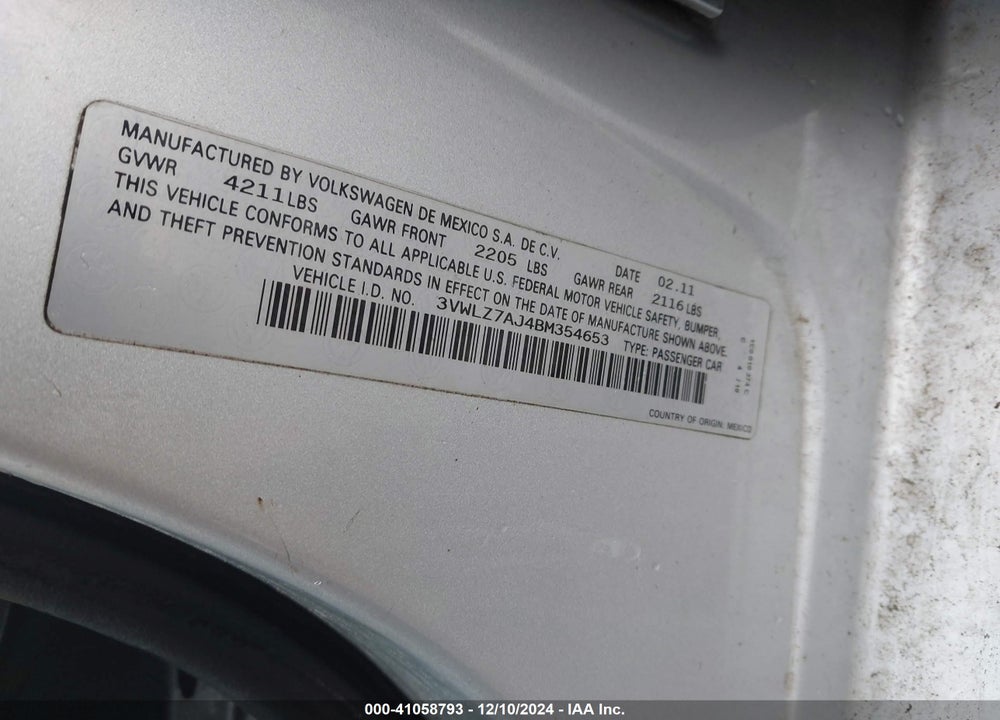 2011 VOLKSWAGEN JETTA 2.5L SEL VIN: 3VWLZ7AJ4BM354653