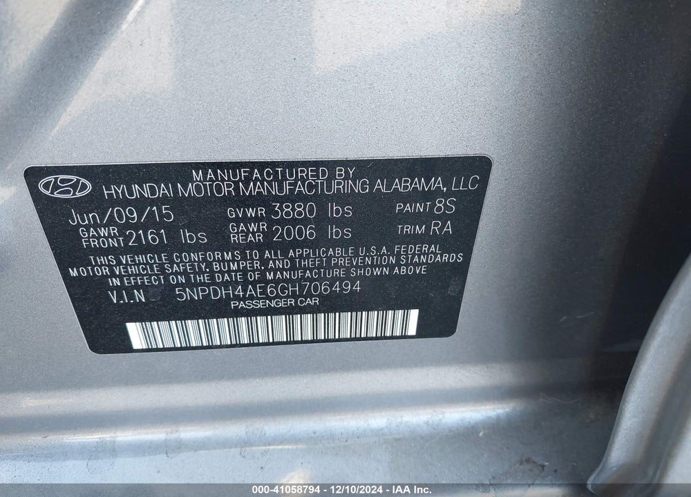2016 HYUNDAI ELANTRA SE VIN: 5NPDH4AE6GH706494