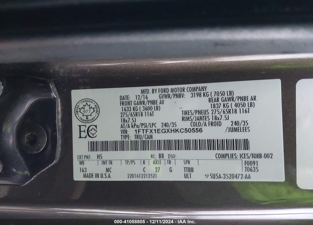 2017 FORD F-150 VIN: 1FTFX1EGXHKC50556