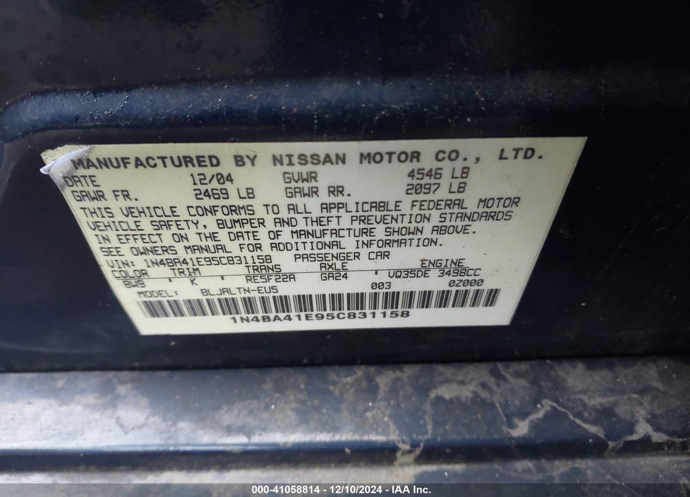 2005 NISSAN MAXIMA 3.5 SE VIN: 1N4BA41E95C831158