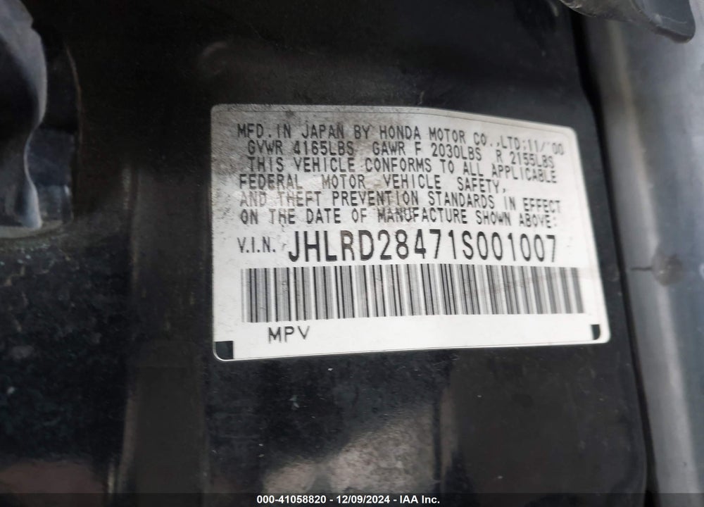 2001 HONDA CR-V LX VIN: JHLRD28471S001007
