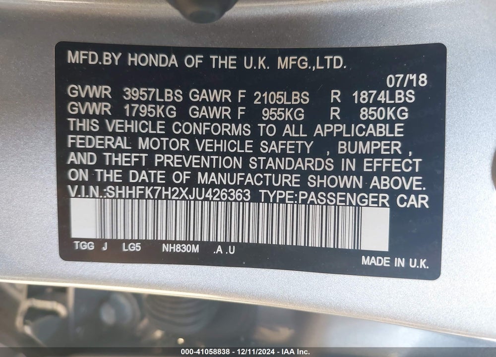 2018 HONDA CIVIC LX VIN: SHHFK7H2XJU426363