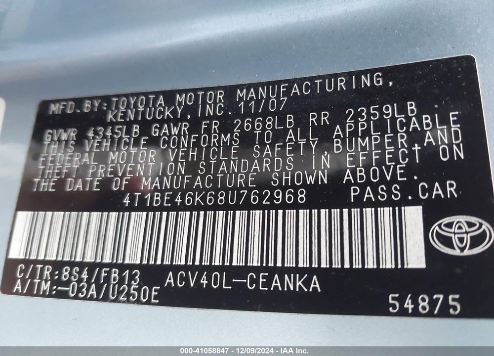2008 TOYOTA CAMRY LE VIN: 4T1BE46K68U762968