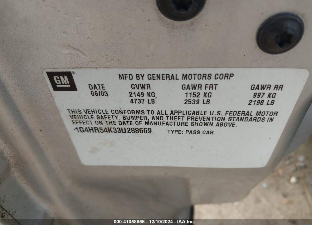2003 BUICK LESABRE LIMITED VIN: 1G4HR54K33U288669