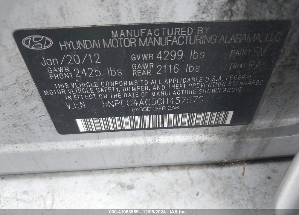 2012 HYUNDAI SONATA LIMITED VIN: 5NPEC4AC5CH457570