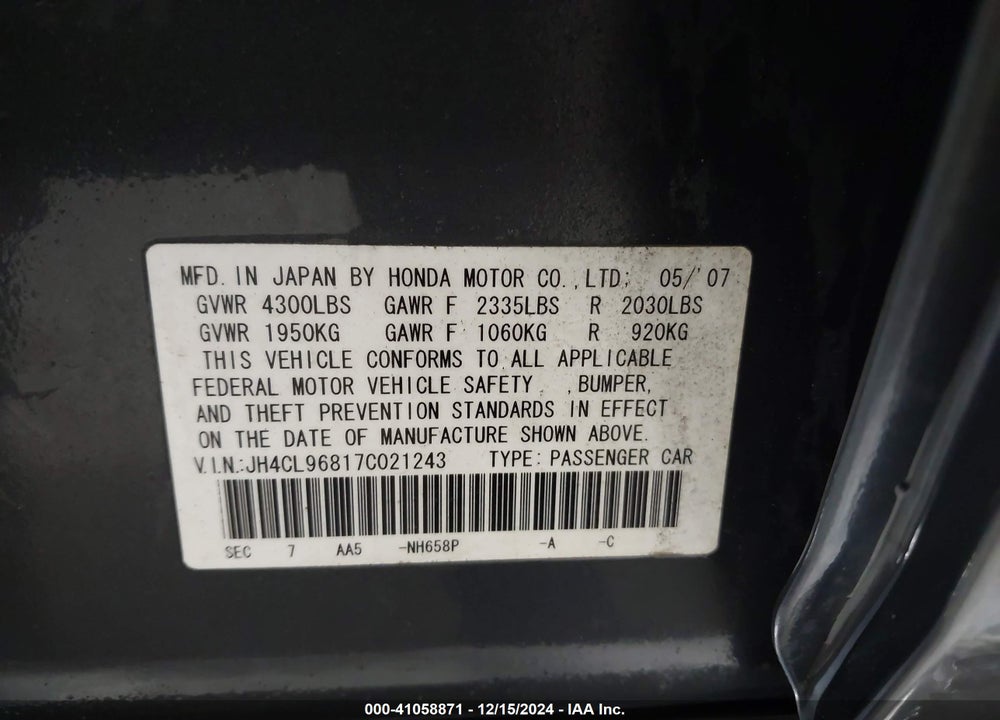 2007 ACURA TSX VIN: JH4CL96817C021243