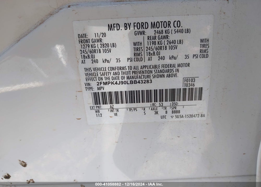 2020 FORD EDGE SEL VIN: 2FMPK4J90LBB43283