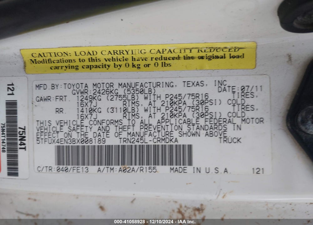 2011 TOYOTA TACOMA VIN: 5TFUX4EN3BX008189