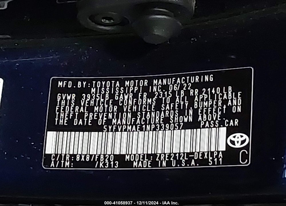 2022 TOYOTA COROLLA LE VIN: 5YFVPMAE1NP339057