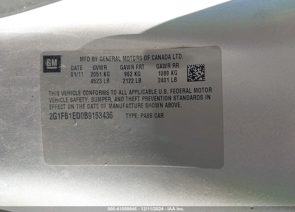 2011 CHEVROLET CAMARO 1LT VIN: 2G1FB1ED0B9153436