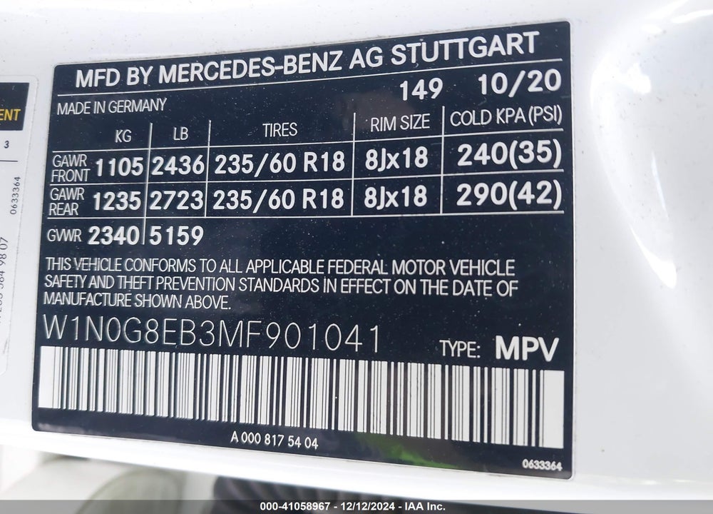 2021 MERCEDES-BENZ GLC 300 4MATIC SUV VIN: W1N0G8EB3MF901041