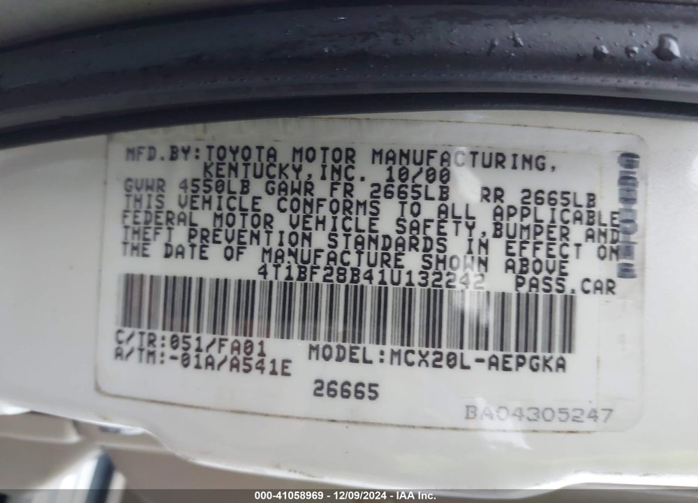 2001 TOYOTA AVALON XLS VIN: 4T1BF28B41U132242