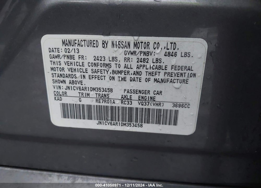 2013 INFINITI G37X VIN: JN1CV6AR1DM353458