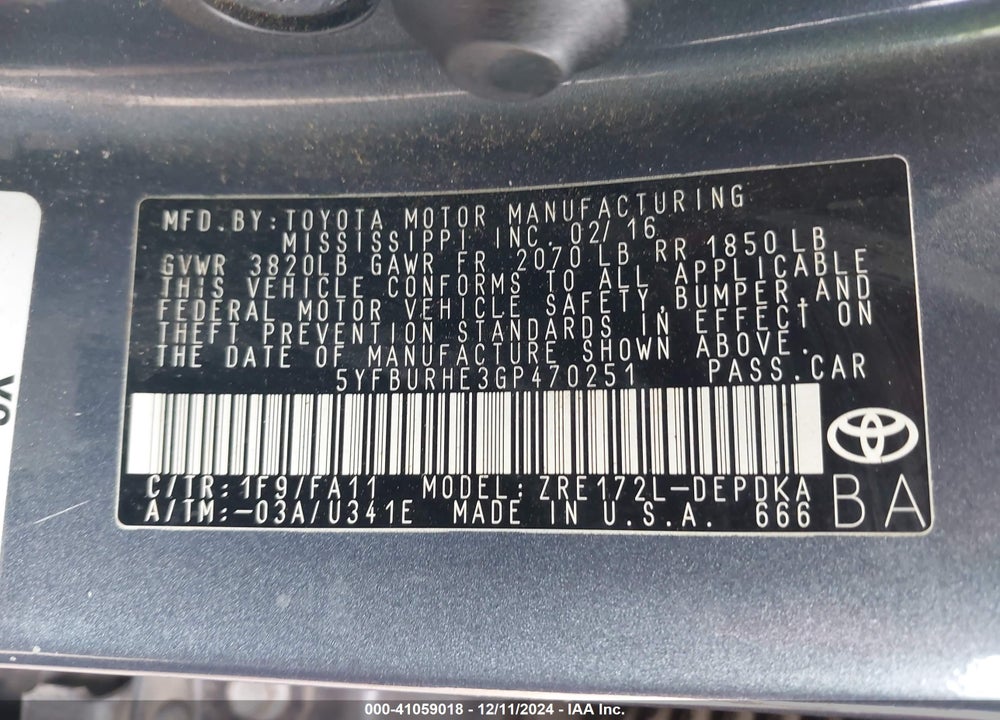 2016 TOYOTA COROLLA L VIN: 5YFBURHE3GP470251