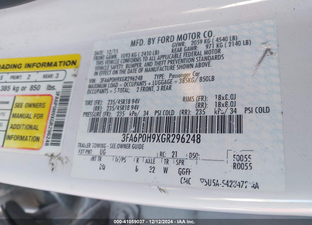 2016 FORD FUSION VIN: 3FA6P0H9XGR296248