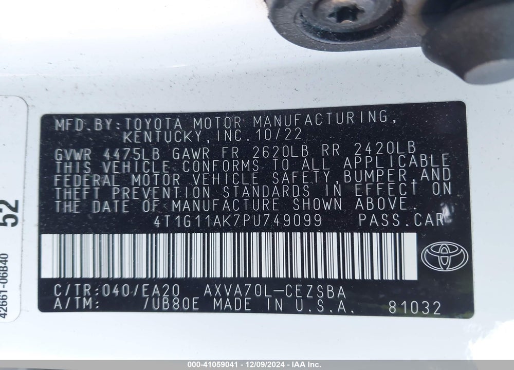 2023 TOYOTA CAMRY SE VIN: 4T1G11AK7PU749099