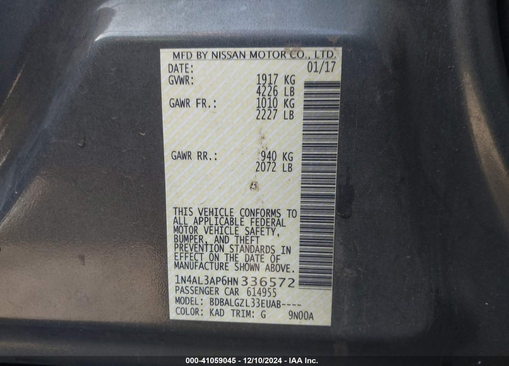 2017 NISSAN ALTIMA 2.5 S VIN: 1N4AL3AP6HN336572