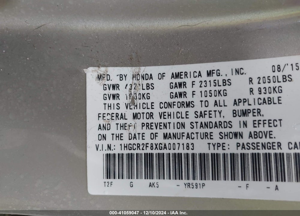 2016 HONDA ACCORD EX-L VIN: 1HGCR2F8XGA007183