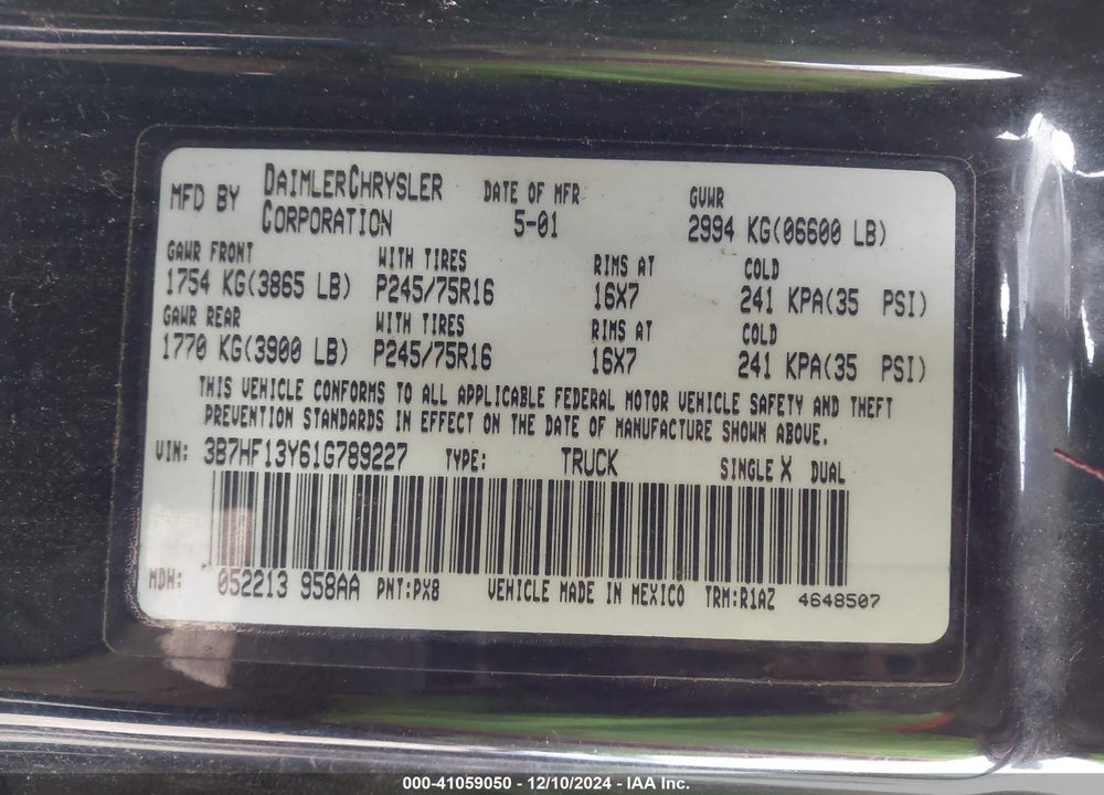 2001 DODGE RAM 1500 ST VIN: 3B7HF13Y61G789227