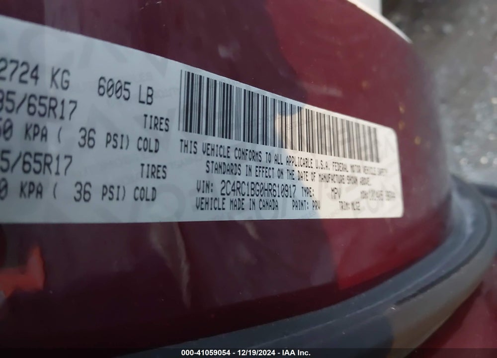 2017 CHRYSLER PACIFICA TOURING L VIN: 2C4RC1BG0HR610917
