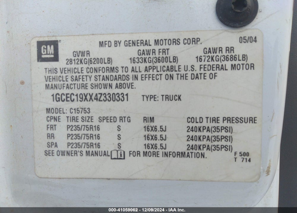 2004 CHEVROLET SILVERADO 1500 WORK TRUCK VIN: 1GCEC19XX4Z330331