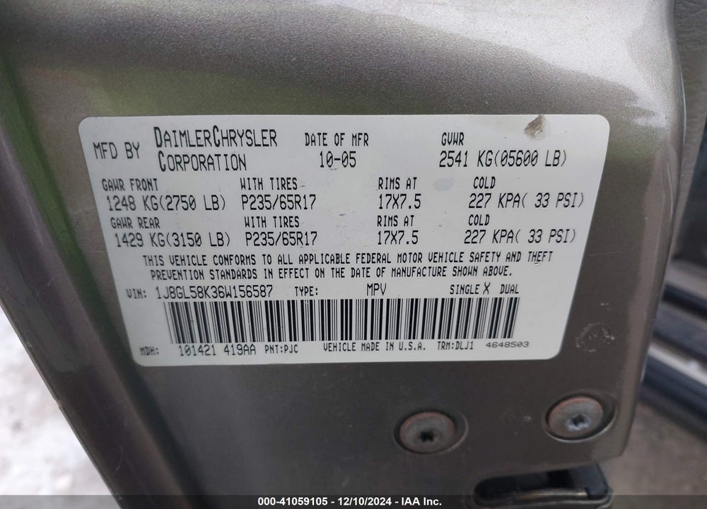 2006 JEEP LIBERTY LIMITED EDITION VIN: 1J8GL58K36W156587