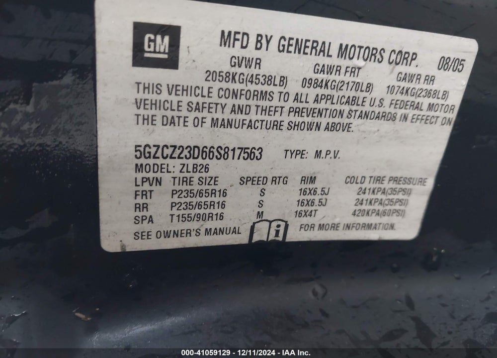 2006 SATURN VUE 4 CYL VIN: 5GZCZ23D66S817563