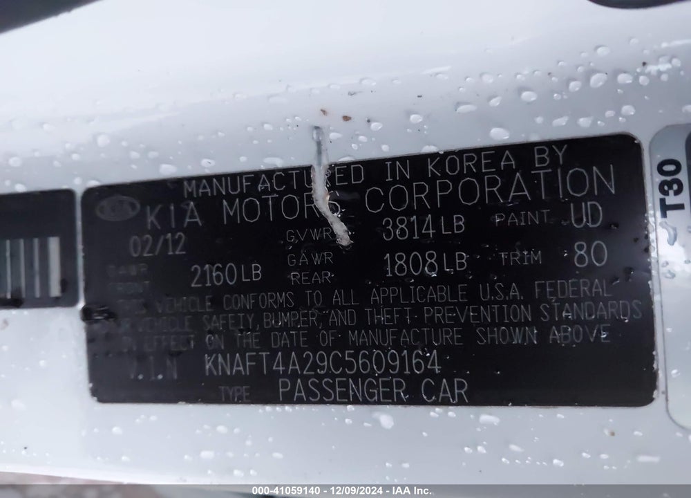 2012 KIA FORTE LX VIN: KNAFT4A29C5609164